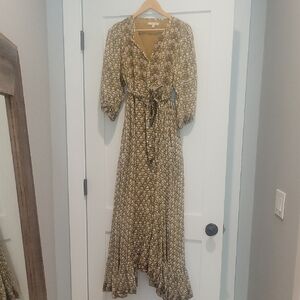 MAREA Yellow/tan Patterned Maxi Dress with Tie